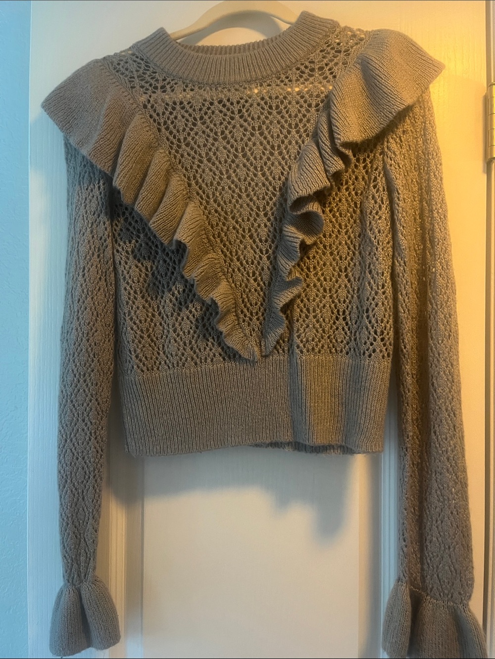 H&M Gray Ruffle Open-Knit Crew Sweater